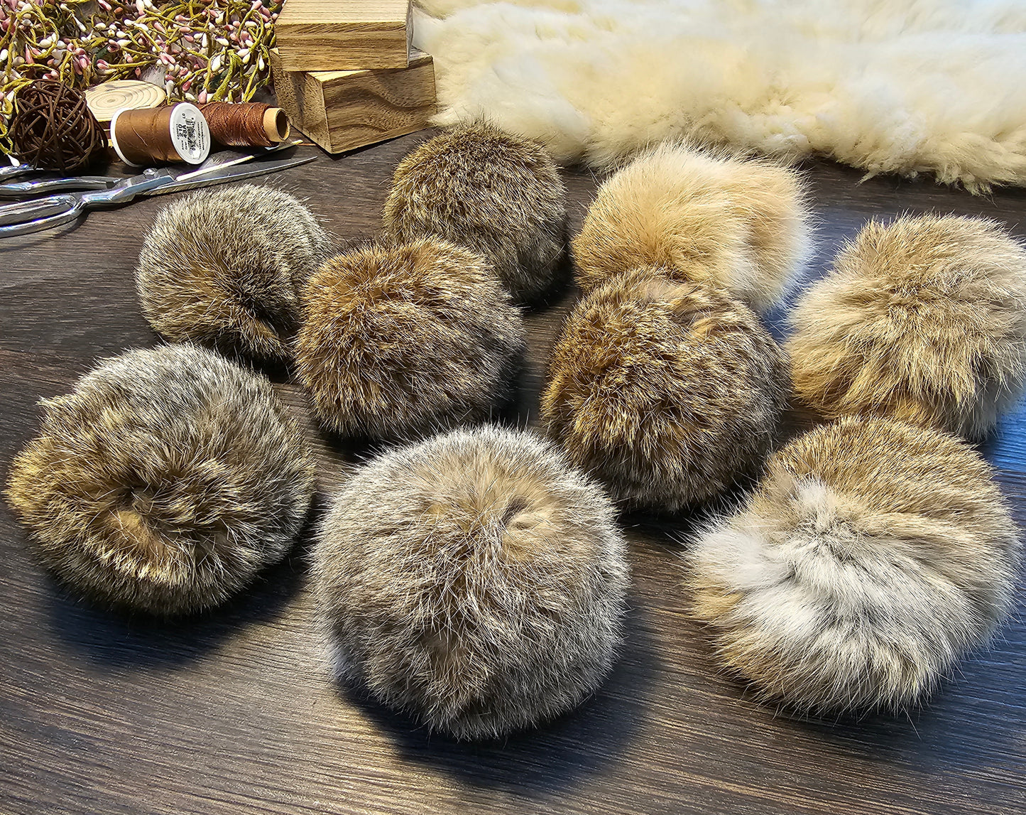 Beautiful handmade rabbit fur pompoms, cat toys, all natural, catnip optional, Set of 2.