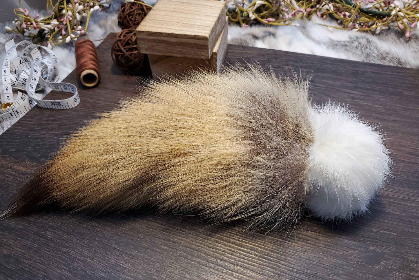 White Rabbit Fur Ball with Coyote Tail. Filled with Wool or Catnip. Handmade, all Natural, all Organic.