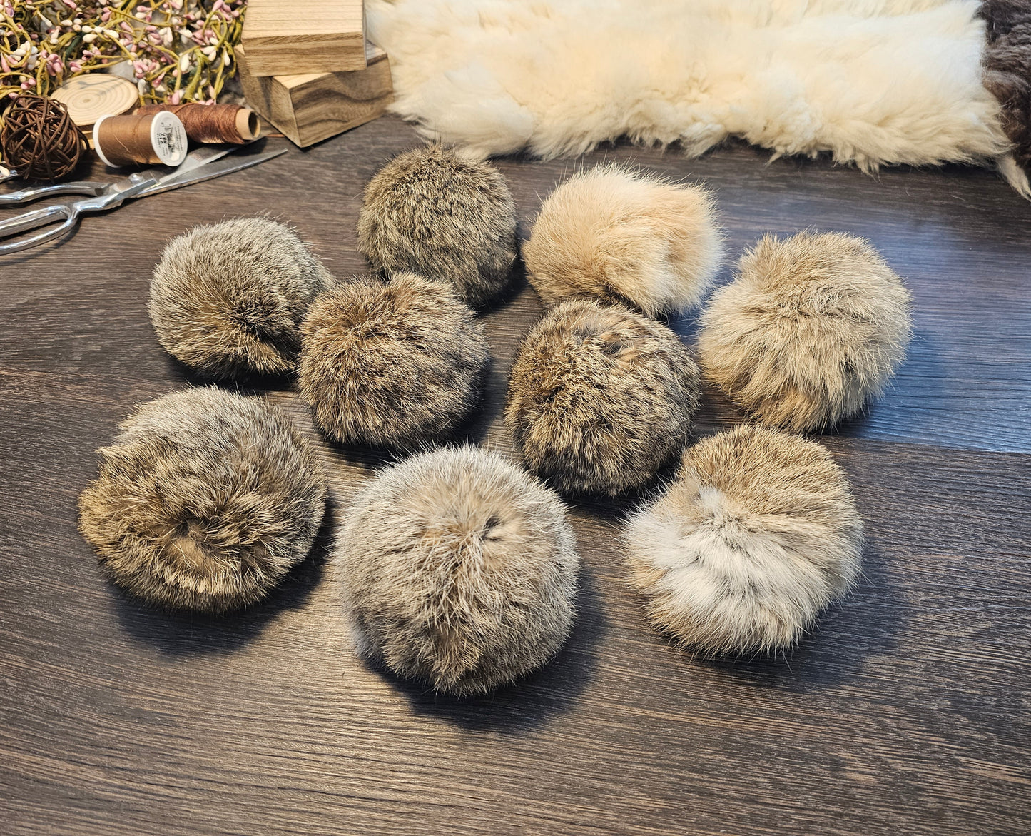 Beautiful handmade rabbit fur pompoms, cat toys, all natural, catnip optional, Set of 2.