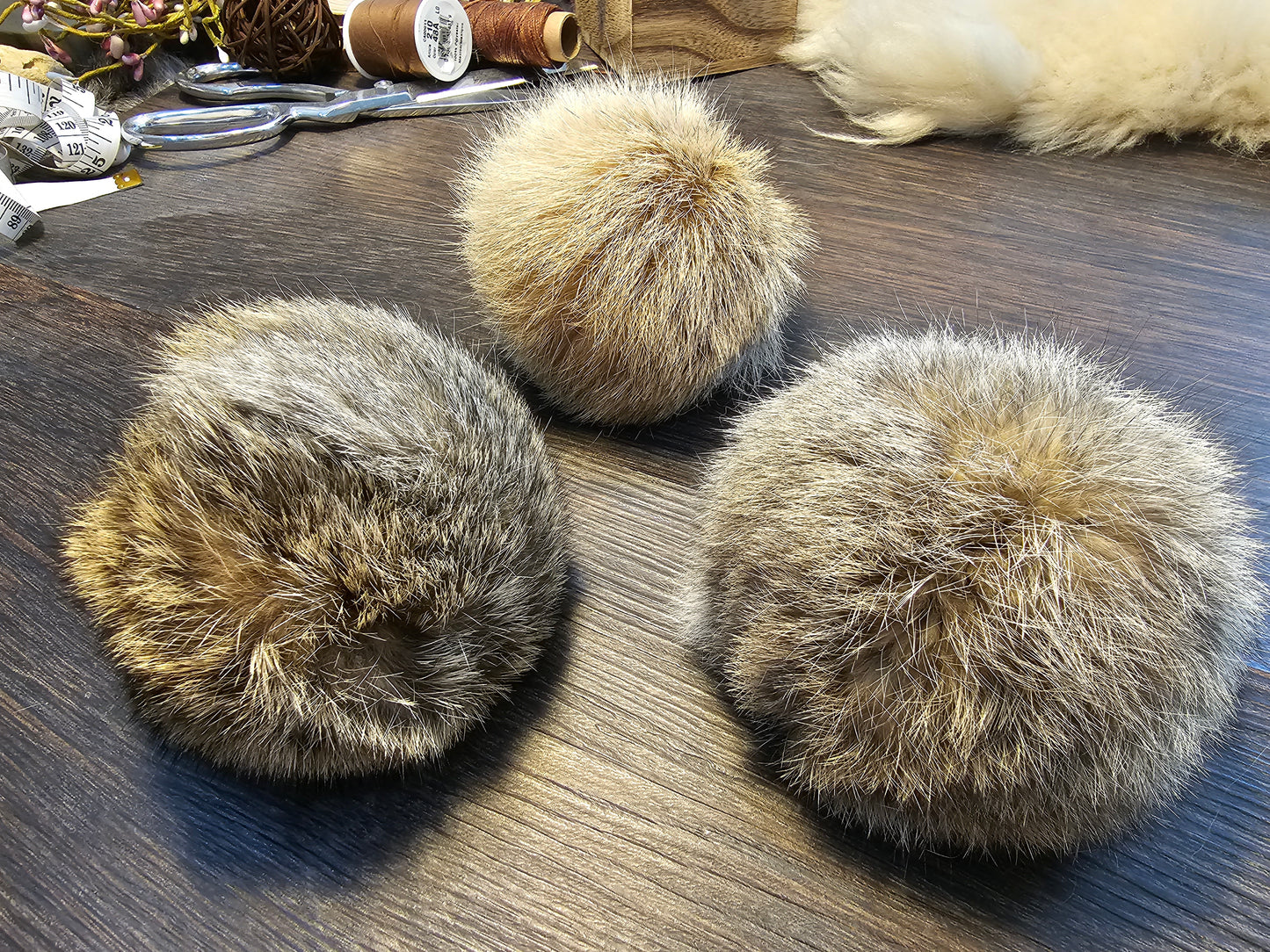 Beautiful handmade rabbit fur pompoms, cat toys, all natural, catnip optional, Set of 2.