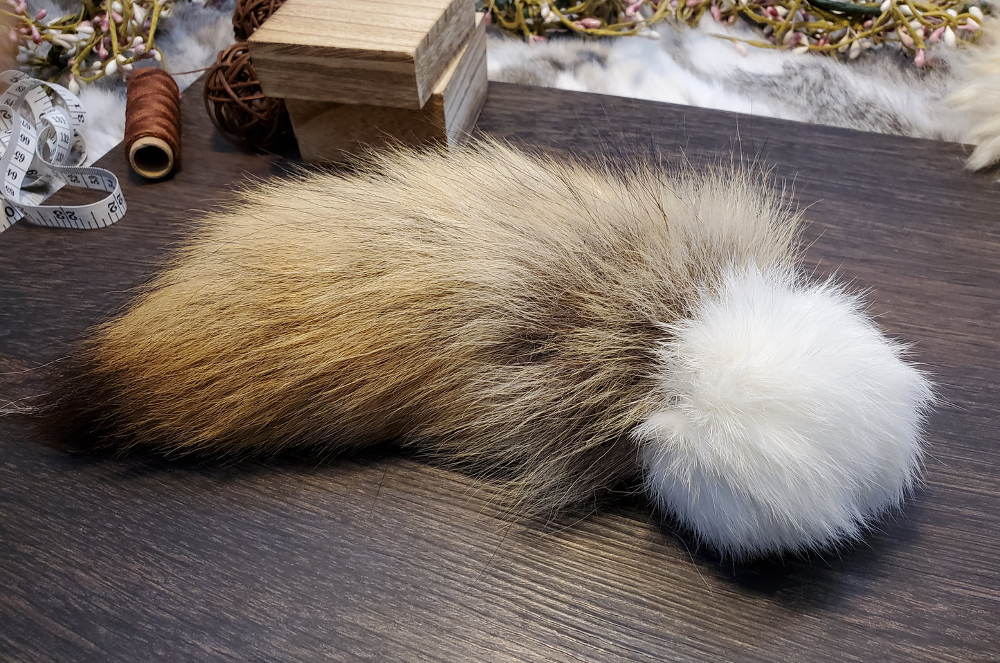 White Rabbit Fur Ball with Coyote Tail. Filled with Wool or Catnip. Handmade, all Natural, all Organic.
