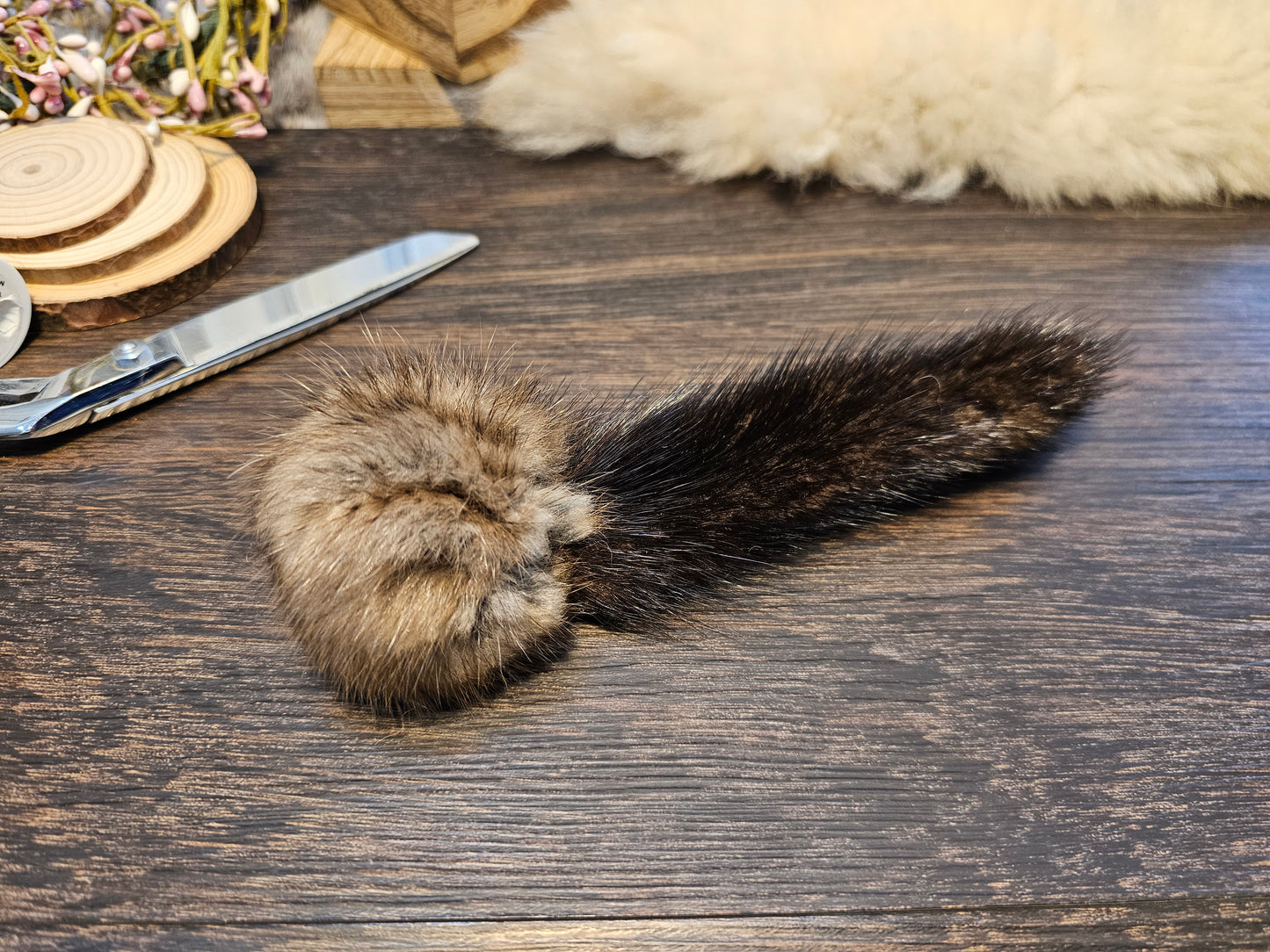 Handmade Muskrat Fur Ball Cat Toy with Mink Tail - Catnip Option
