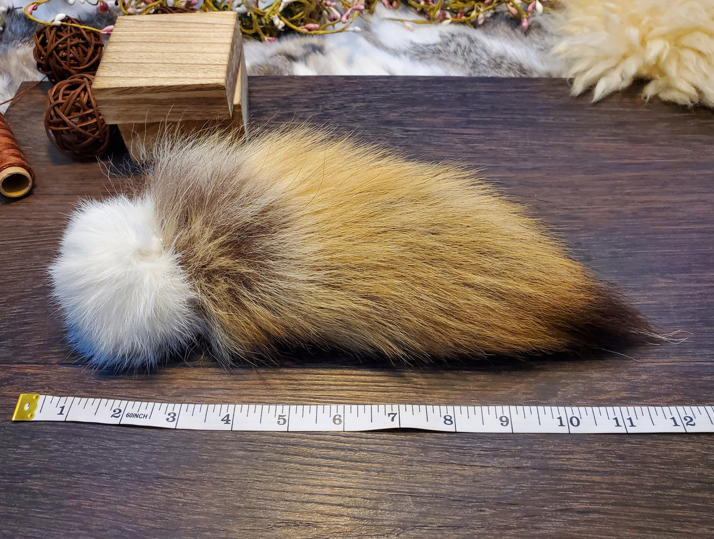 White Rabbit Fur Ball with Coyote Tail. Filled with Wool or Catnip. Handmade, all Natural, all Organic.