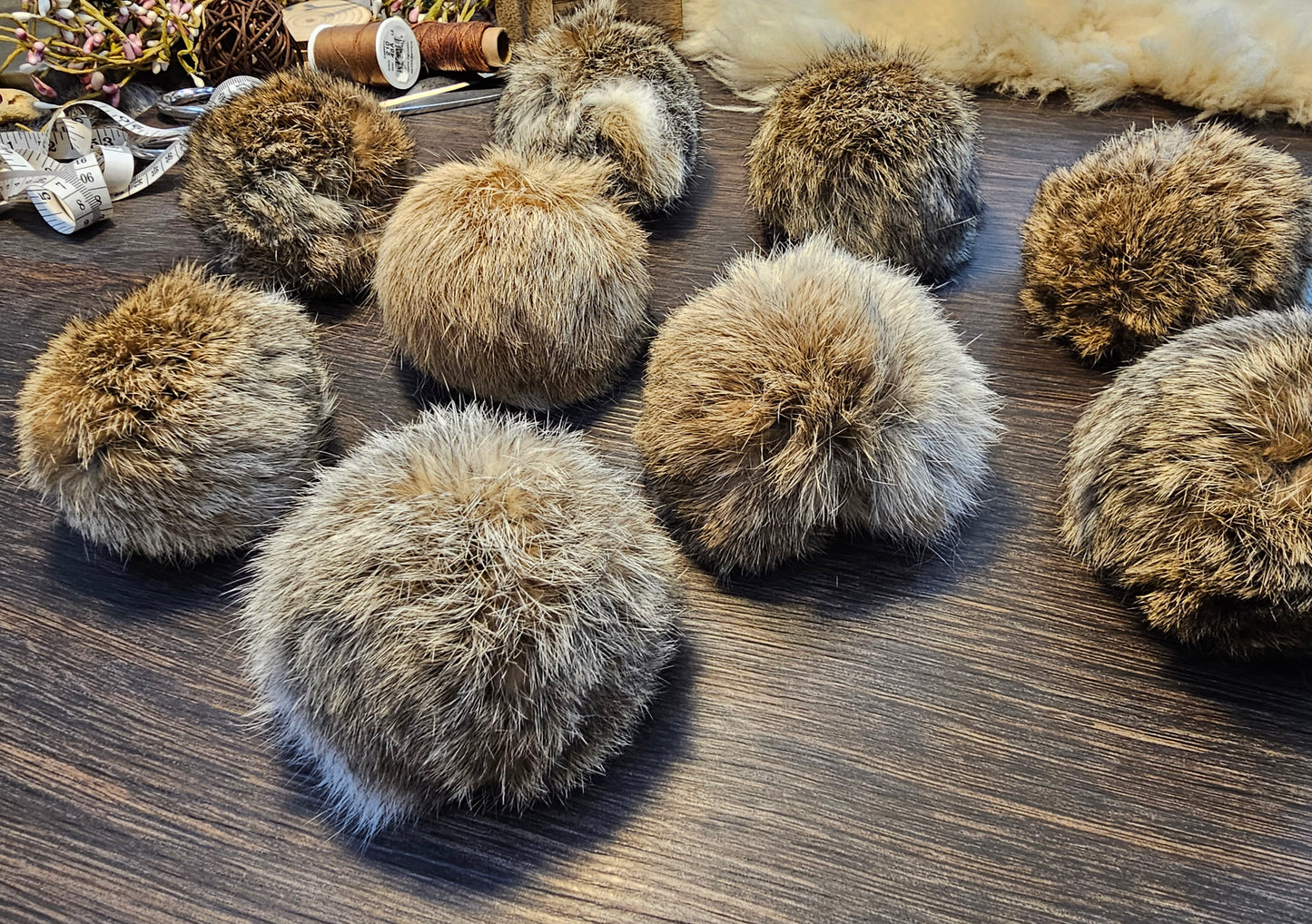 Beautiful handmade rabbit fur pompoms, cat toys, all natural, catnip optional, Set of 2.