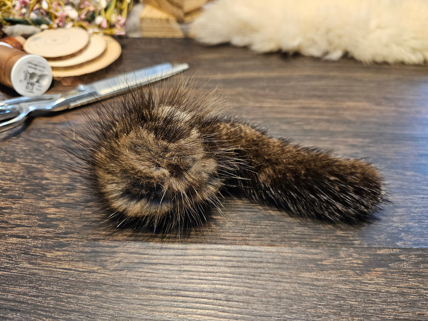 Handmade Muskrat Fur Ball Cat Toy with Mink Tail - Catnip Option