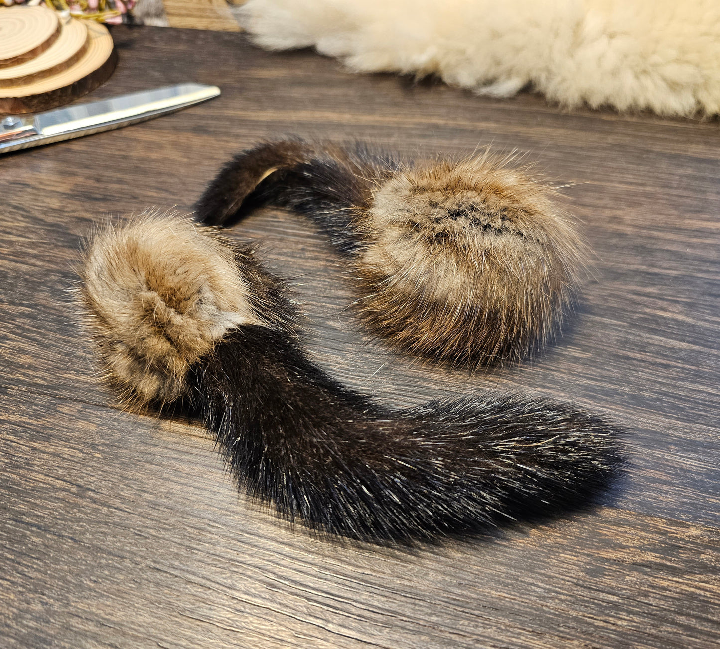 Handmade Muskrat Fur Ball Cat Toy with Mink Tail - Catnip Option